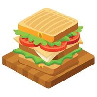Delicious grilled sandwich with layers of fresh vegetables. meats. and toasted bread on a rustic woo vector