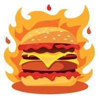 A mouth-watering burger. perfectly stacked with gooey cheese and crispy bacon. set against a fiery b vector