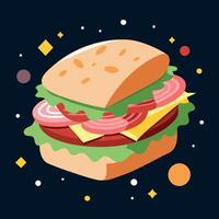 An image featuring a ham. lettuce. and bacon sandwich on a dark background adorned with confetti spr vector