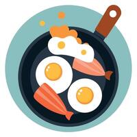 A tight shot of eggs and bacon sizzling in a frying pan against a backdrop of additional eggs on a t vector