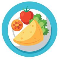 A plate of food with a large omelet and a side of vegetables. The vegetables include tomatoes and pa vector