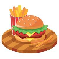 Cheeseburger with crispy bacon. lettuce. and melted cheese served with a side of fries on a wooden p vector