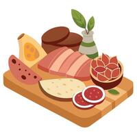 A platter of assorted cured meats and olives with crusty bread on a wooden board. Rustic charcuterie vector