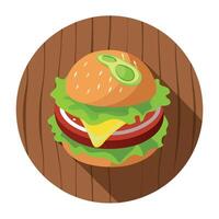 Gourmet Burger Top-Down View with Bacon. Avocado. and Special Sauce on Rustic Wooden Table for Menu vector