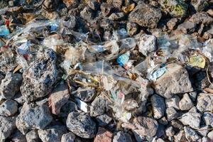 Plastic garbage and microplastics on the shore of Khadzhibey Estuary photo
