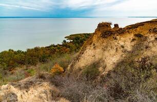 Clay shores of the Dniester estuary, steep with ravines, overgrown with wild steppe vegetation photo