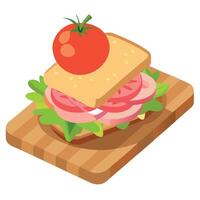 Close-up of a ham and veggie sandwich with fresh lettuce. tomatoes. and onions. served with an apple vector