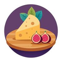 A tight shot of a slice of cheese atop a weathered wood board. surrounded by figs and various fruits vector
