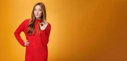 Ok I got it. Portrait of confident and bossy female entrepreneur with ginger hair showing okay gesture giving positive reply, confirming something, satisfied with excellent and perfect effort photo