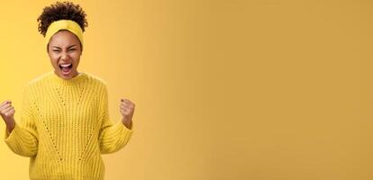 Girl encouraging yelling to boos confidence gonna overcome any trouble shouting out loud clench fists ready defeat fight standing confident self-assured, express energetic assertive attitude photo
