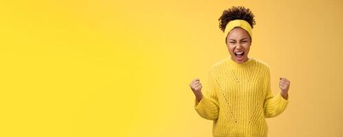 Girl encouraging yelling to boos confidence gonna overcome any trouble shouting out loud clench fists ready defeat fight standing confident self-assured, express energetic assertive attitude photo