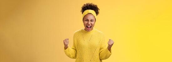 Girl encouraging yelling to boos confidence gonna overcome any trouble shouting out loud clench fists ready defeat fight standing confident self-assured, express energetic assertive attitude photo