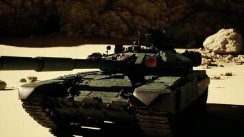 Tank Positioned in Desert With Rock Background video