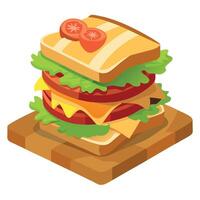 A delicious. stacked sandwich with bacon. cheese. and fresh greens. served with a drizzle of ketchup vector
