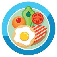 A delicious breakfast spread featuring pancakes. a sunny-side-up egg. crispy bacon. sliced avocado. vector