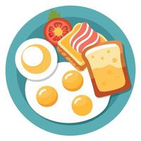 A heaping plate of fluffy scrambled eggs with crispy hash browns. crispy bacon. and buttered toast. vector