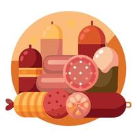 Front view of various kinds of raw sausages like mortadella. bacon. salami. ham and pickled sausages vector
