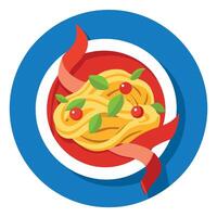 Delicious pasta with crispy bacon and herbs on a white plate. set against a red and blue background vector