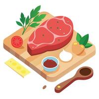 High angle view of a raw fresh beef steak on a wooden cutting board surrounded by various ingredient vector