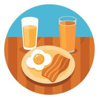 A plate of bacon and eggs sits on a wooden table next to a glass of orange juice. The plate is white vector