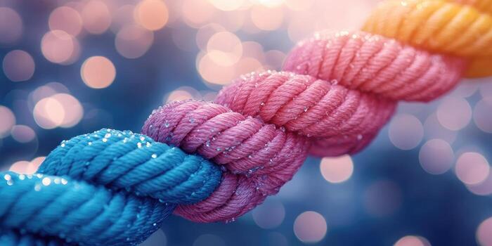 Intertwined Colorful Rope with Dew Drops and Bokeh Background photo