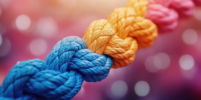 Close-up of Intertwined Colorful Ropes with Bokeh Background photo