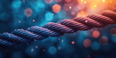 Close-up of a Frosted Rope Against a Blurred Background of Blue and Orange Lights photo