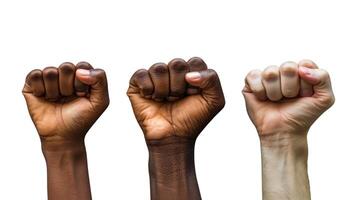 Hands clench fist raised protest up in the air, rights and equality unity isolated on white background photo