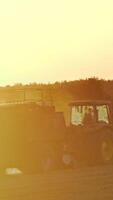 Tractor on the field during seasonal works at sunset. Agricultural machine pressing dry hay into square bale in the grassland on the trees background in the evening. Vertical video