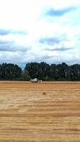 Aerial view on the field and combine working on the natural rural background. Flight over agricultural field with pressed bales for livestock. Motion camera left. Vertical video
