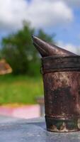 Chimney with smoke on hive. Bee smoker on the blur background of a beekeeper working on apiary. Apiculture concept. Vertical video
