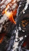 Smoldering logs background. Wood is burning in fire for barbecue. Combustion of wood. Wood turning into charcoal in fire. Close-up. Vertical video