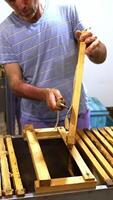 Beekeeper holding a frame and peels off the covers from the sealed cells. Preparation of frames for extracting honey. Vertical video