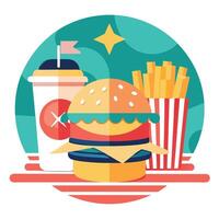 American burger. juicy and loaded with toppings. served with crispy fries on a diner table close up. vector