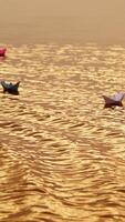 Multy-colored paper boats floating on waves in a river at the evening sunset. Small ships made from paper sail in water. Vertical video