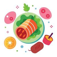 Chicken meat roll with bacon and salad containing red cabbage cucumber and arugula Detox and healthy vector