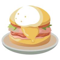 Classic eggs Benedict with poached eggs. Canadian bacon. and hollandaise sauce on an English muffin. vector