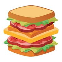 Delicious stacked sandwich with layers of bacon. ham. cheese. and fresh vegetables on toasted bread. vector