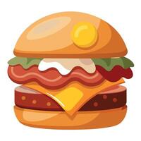 A bacon cheeseburger with a pretzel bun. two juicy beef patties. melted cheddar cheese. crispy bacon vector
