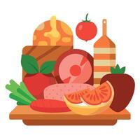A variety of meats and vegetables are displayed on a wooden table. The meats include bacon. sausage. vector