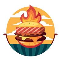 Gourmet Bacon Cheeseburger on Grill with Flaming Background - Juicy and Colorful Burger Ingredients vector
