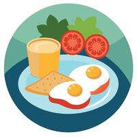 Breakfast spread with fresh egg. tomatoes. and toasts displayed on a plate with a rustic background. vector