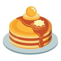 A close-up of an American breakfast with fluffy pancakes stacked high. topped with butter and maple vector