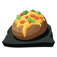 Close up baked potatoes in jacket topped with bacon. green onions and cheddar cheese on black slate vector