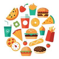 An assortment of quick and unhealthy meals. including chicken. fries. pizza. sandwiches. bacon. beef vector