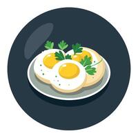 Freshly cooked hot scrambled eggs sprinkled with herbs on a plate on a dark stone table background. vector