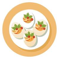 Arrange of deviled eggs garnished with crispy bacon pieces and fresh parsley leaves on a white plate vector