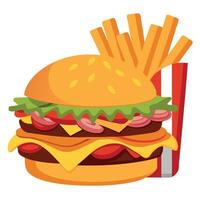 A delicious cheeseburger with bacon and a side of fries. The burger is made with a juicy beef patty. vector