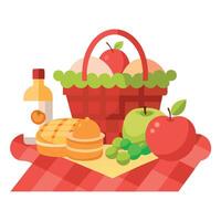 A picnic setup on a red checkered blanket with a wicker basket filled with grapes. apples. and bread vector