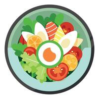 A top view of a hearty Cobb salad on a wide-rimmed bowl. featuring rows of chopped romaine lettuce. vector